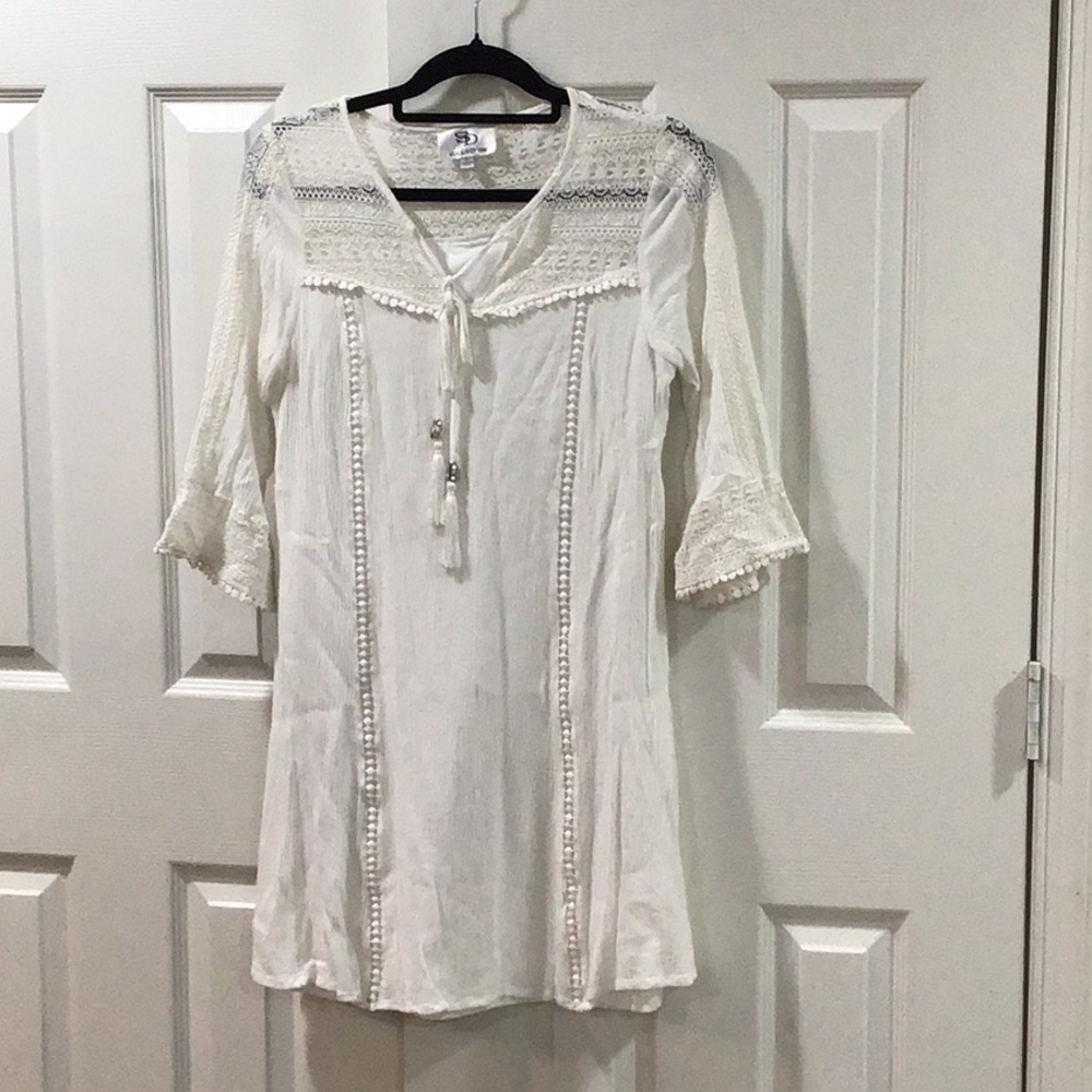 SD Collection White Pleated Sundress with Bell Sleeves